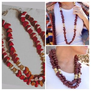 Plunder Wooden Bead 2 Strand Bold Statement Necklace Chunky Boho Brick Red